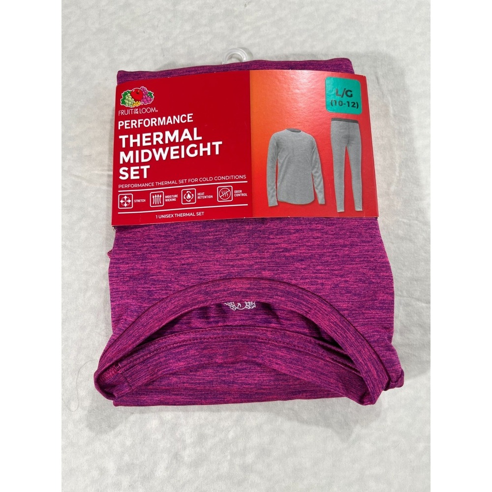 Girls Fruit of the Loom Midweight Thermal Set LG 10-12 Purple Pink Warm Layer